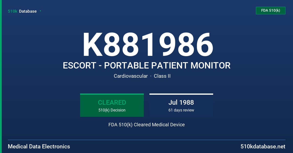 K881986 ESCORT - PORTABLE PATIENT MONITOR FDA 510(k) Cleared Medical Device