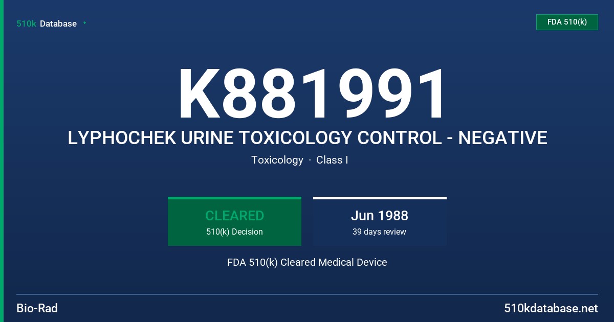 K881991 LYPHOCHEK URINE TOXICOLOGY CONTROL - NEGATIVE FDA 510(k) Cleared Medical Device