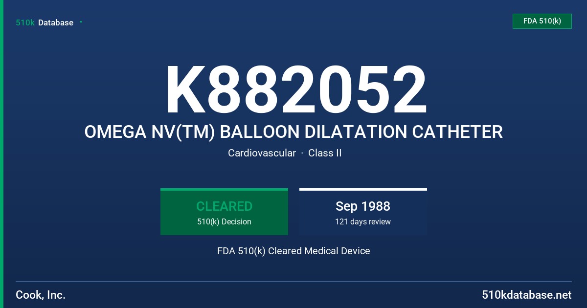 K882052 OMEGA NV(TM) BALLOON DILATATION CATHETER FDA 510(k) Cleared Medical Device