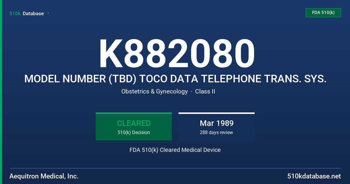 K882080 MODEL NUMBER (TBD) TOCO DATA TELEPHONE TRANS. SYS. FDA 510(k) Cleared Medical Device