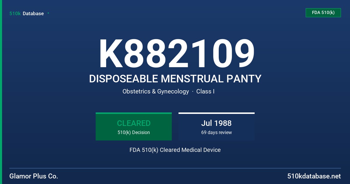 K882109 DISPOSEABLE MENSTRUAL PANTY FDA 510(k) Cleared Medical Device
