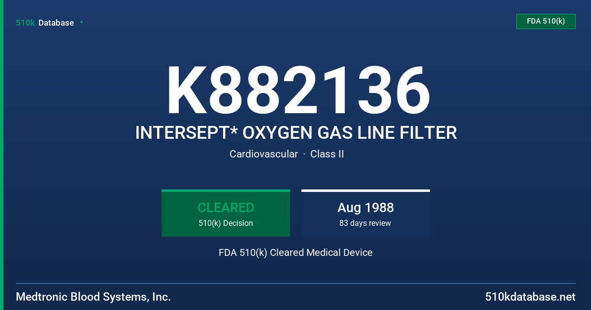 K882136 INTERSEPT* OXYGEN GAS LINE FILTER FDA 510(k) Cleared Medical Device