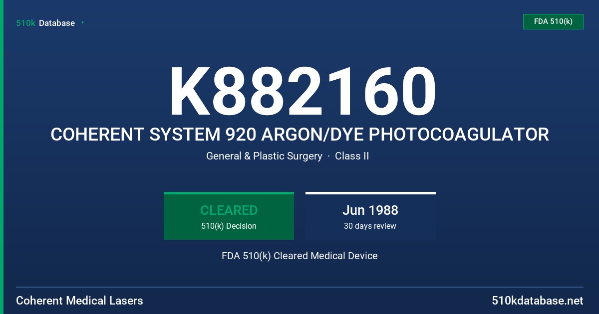K882160 COHERENT SYSTEM 920 ARGON/DYE PHOTOCOAGULATOR FDA 510(k) Cleared Medical Device