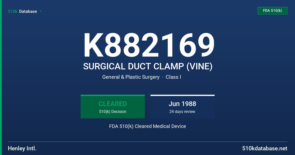 K882169 SURGICAL DUCT CLAMP (VINE) FDA 510(k) Cleared Medical Device