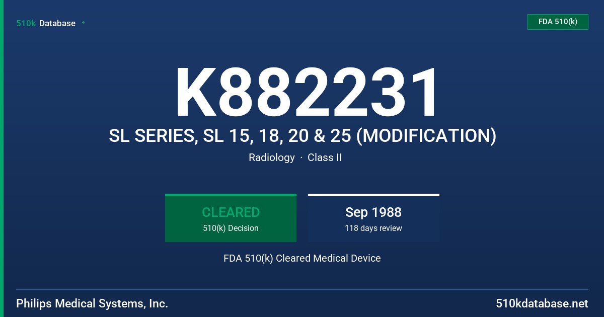 K882231 SL SERIES, SL 15, 18, 20 & 25 (MODIFICATION) FDA 510(k) Cleared Medical Device