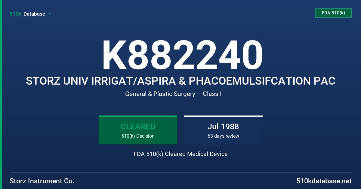 K882240 STORZ UNIV IRRIGAT/ASPIRA & PHACOEMULSIFCATION PAC FDA 510(k) Cleared Medical Device