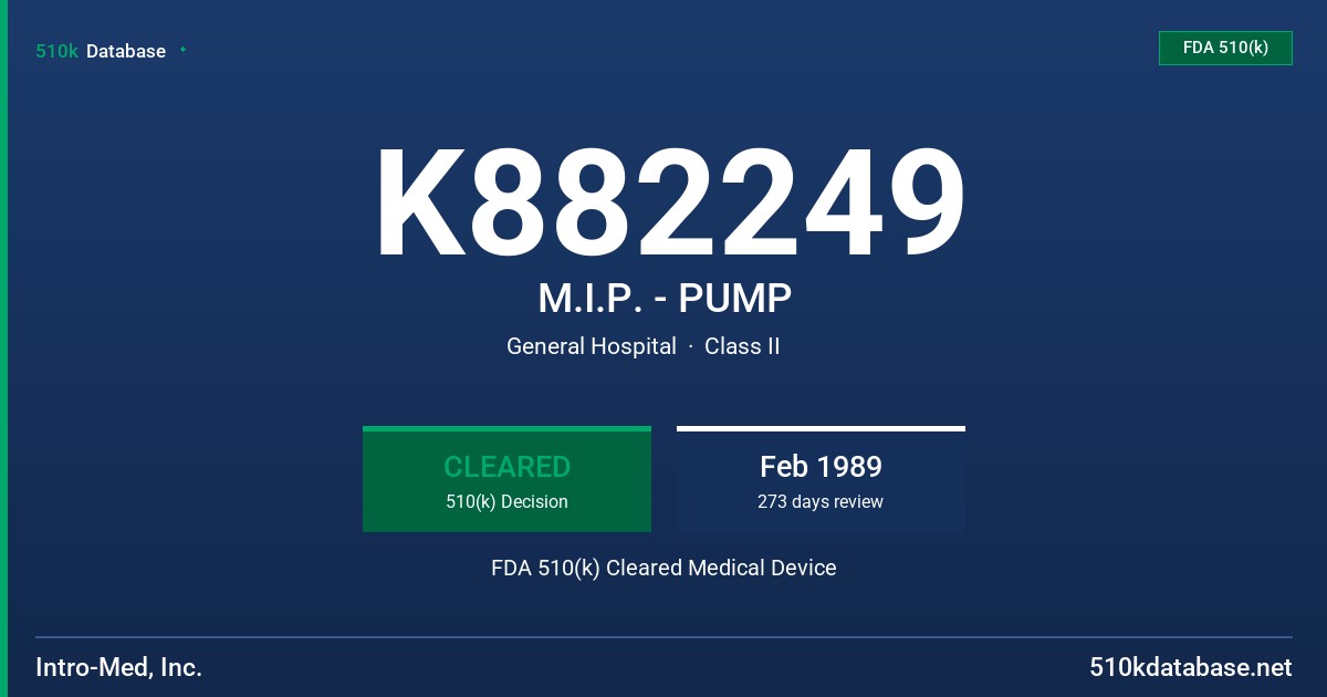 K882249 M.I.P. - PUMP FDA 510(k) Cleared Medical Device