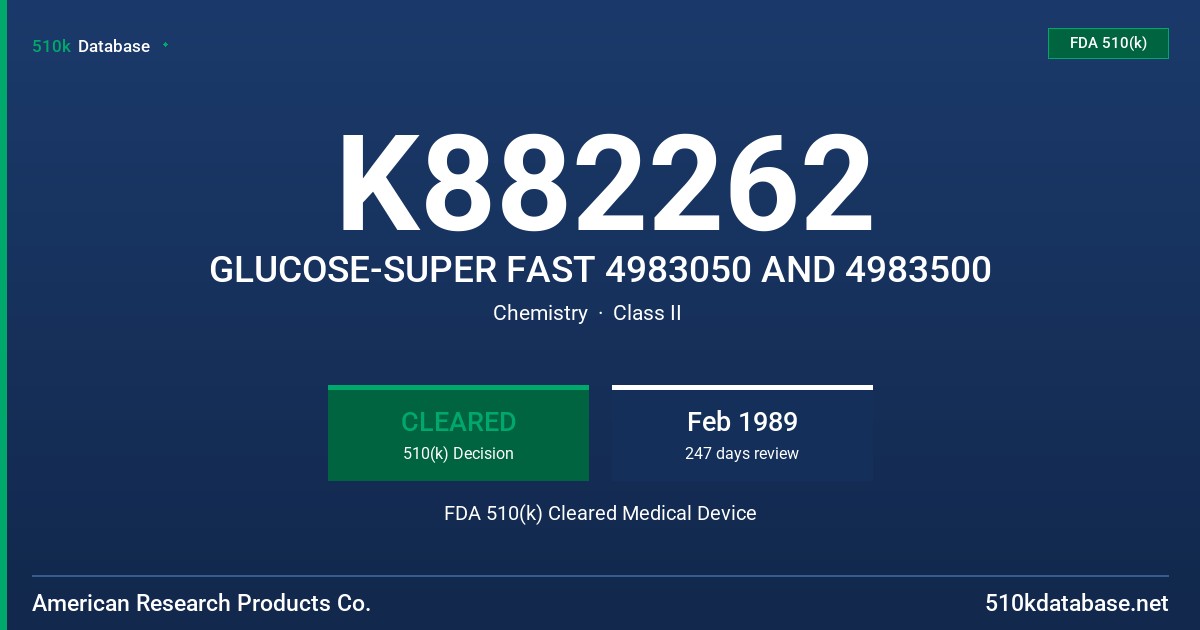 K882262 GLUCOSE-SUPER FAST 4983050 AND 4983500 FDA 510(k) Cleared Medical Device