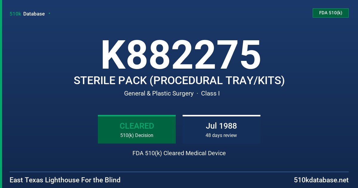 K882275 STERILE PACK (PROCEDURAL TRAY/KITS) FDA 510(k) Cleared Medical Device