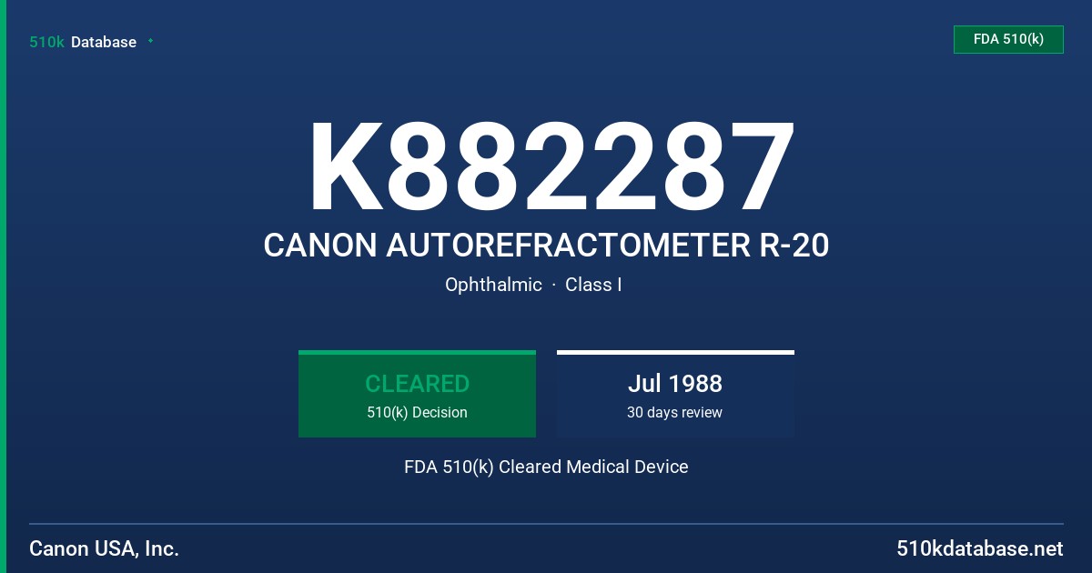 K882287 CANON AUTOREFRACTOMETER R-20 FDA 510(k) Cleared Medical Device