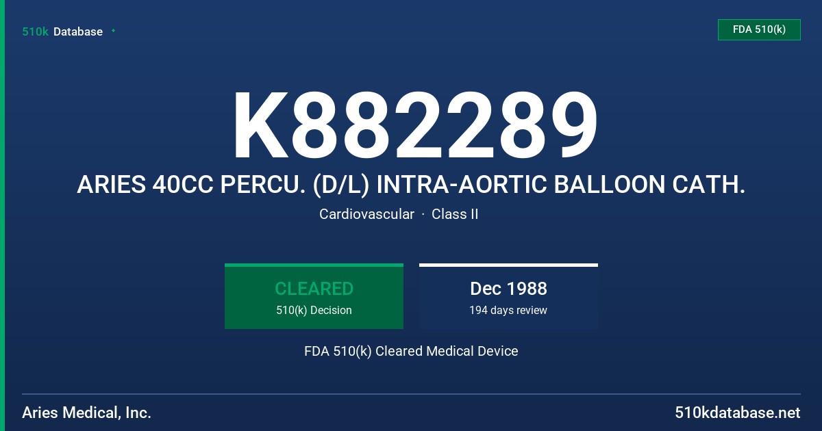 K882289 ARIES 40CC PERCU. (D/L) INTRA-AORTIC BALLOON CATH. FDA 510(k) Cleared Medical Device