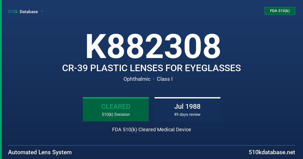 K882308 CR-39 PLASTIC LENSES FOR EYEGLASSES FDA 510(k) Cleared Medical Device