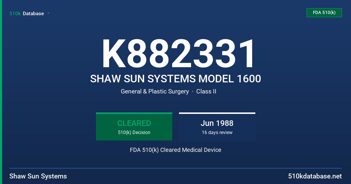K882331 SHAW SUN SYSTEMS MODEL 1600 FDA 510(k) Cleared Medical Device