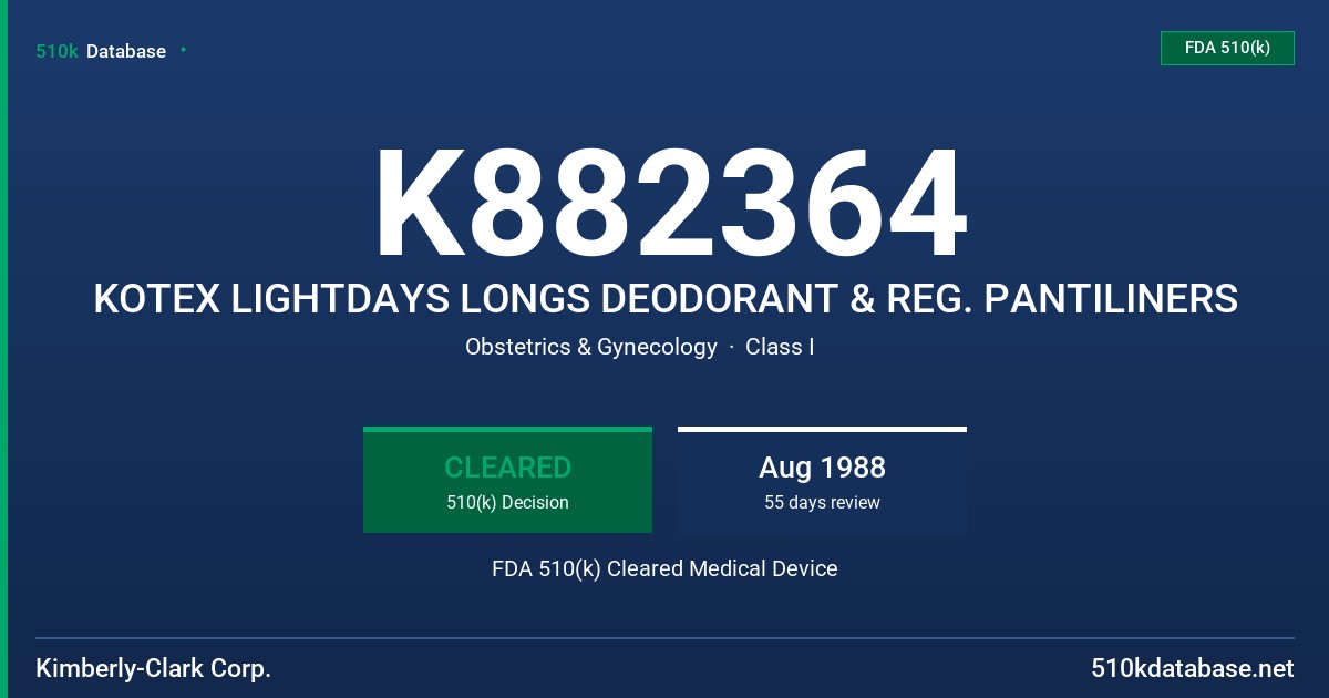K882364 KOTEX LIGHTDAYS LONGS DEODORANT & REG. PANTILINERS FDA 510(k) Cleared Medical Device