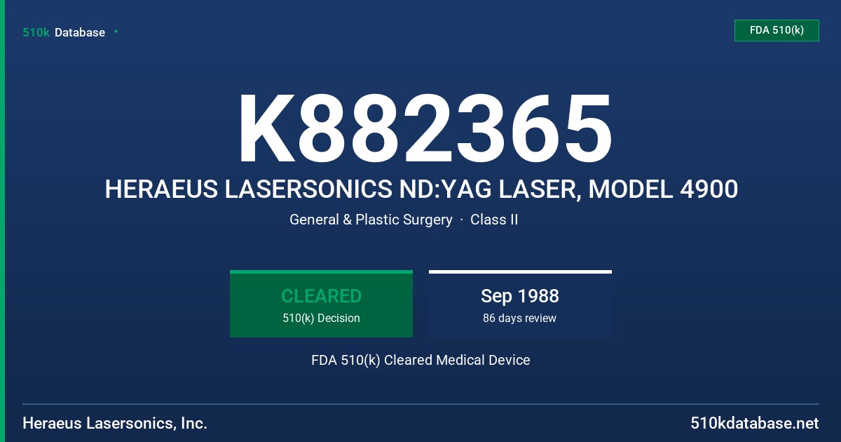K882365 HERAEUS LASERSONICS ND:YAG LASER, MODEL 4900 FDA 510(k) Cleared Medical Device
