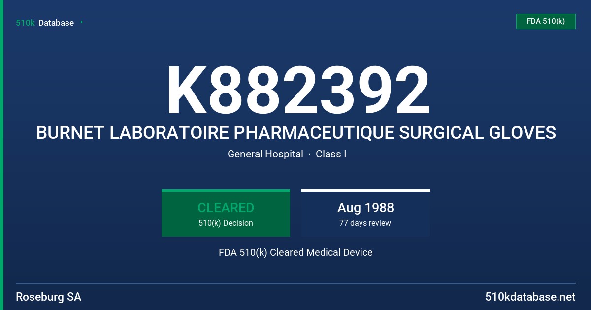 K882392 BURNET LABORATOIRE PHARMACEUTIQUE SURGICAL GLOVES FDA 510(k) Cleared Medical Device