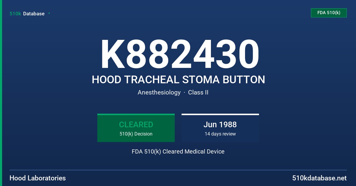 K882430 HOOD TRACHEAL STOMA BUTTON FDA 510(k) Cleared Medical Device