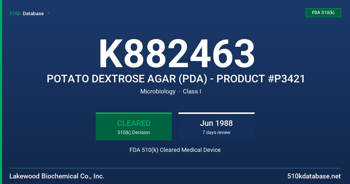 K882463 POTATO DEXTROSE AGAR (PDA) - PRODUCT #P3421 FDA 510(k) Cleared Medical Device