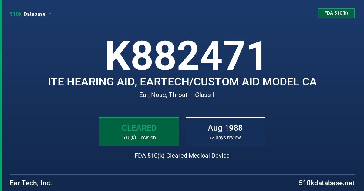 K882471 ITE HEARING AID, EARTECH/CUSTOM AID MODEL CA FDA 510(k) Cleared Medical Device