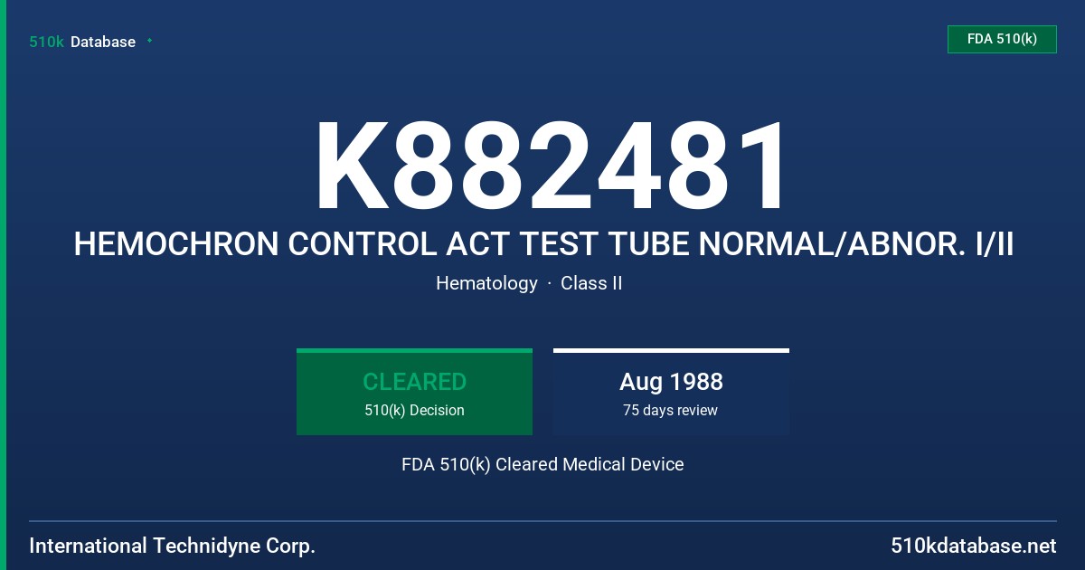 K882481 HEMOCHRON CONTROL ACT TEST TUBE NORMAL/ABNOR. I/II FDA 510(k) Cleared Medical Device