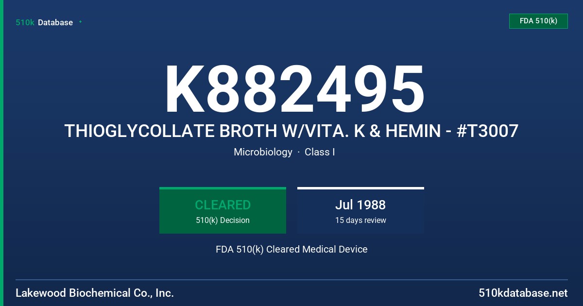 K882495 THIOGLYCOLLATE BROTH W/VITA. K & HEMIN - #T3007 FDA 510(k) Cleared Medical Device