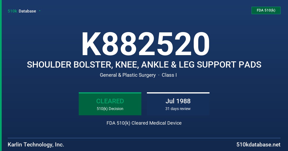 K882520 SHOULDER BOLSTER, KNEE, ANKLE & LEG SUPPORT PADS FDA 510(k) Cleared Medical Device