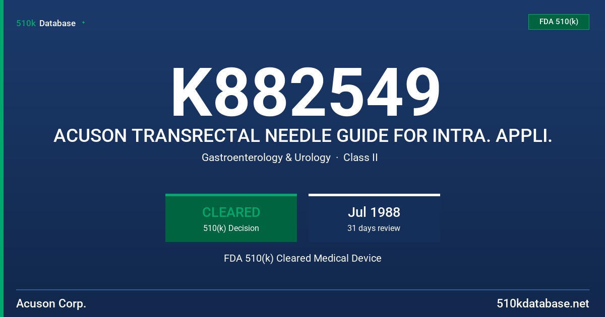K882549 ACUSON TRANSRECTAL NEEDLE GUIDE FOR INTRA. APPLI. FDA 510(k) Cleared Medical Device