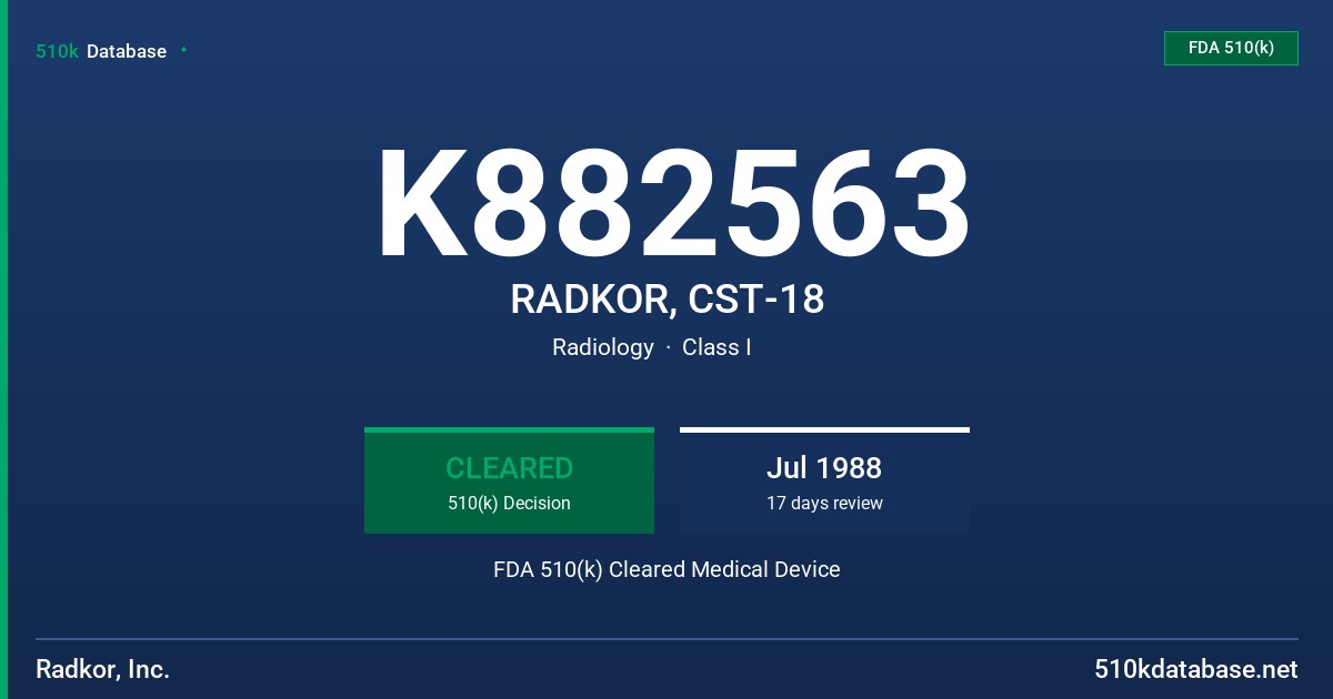 K882563 RADKOR, CST-18 FDA 510(k) Cleared Medical Device