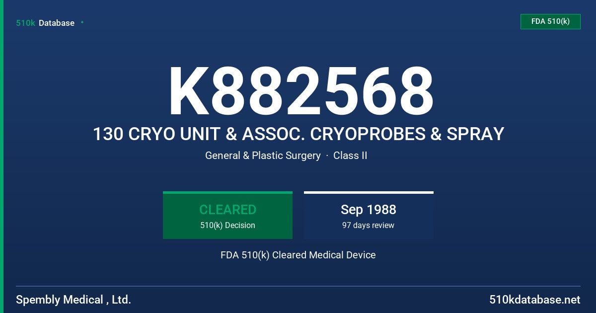 K882568 130 CRYO UNIT & ASSOC. CRYOPROBES & SPRAY FDA 510(k) Cleared Medical Device