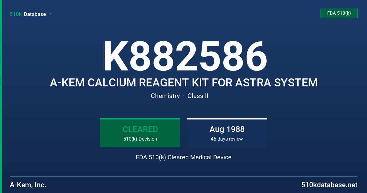 K882586 A-KEM CALCIUM REAGENT KIT FOR ASTRA SYSTEM FDA 510(k) Cleared Medical Device