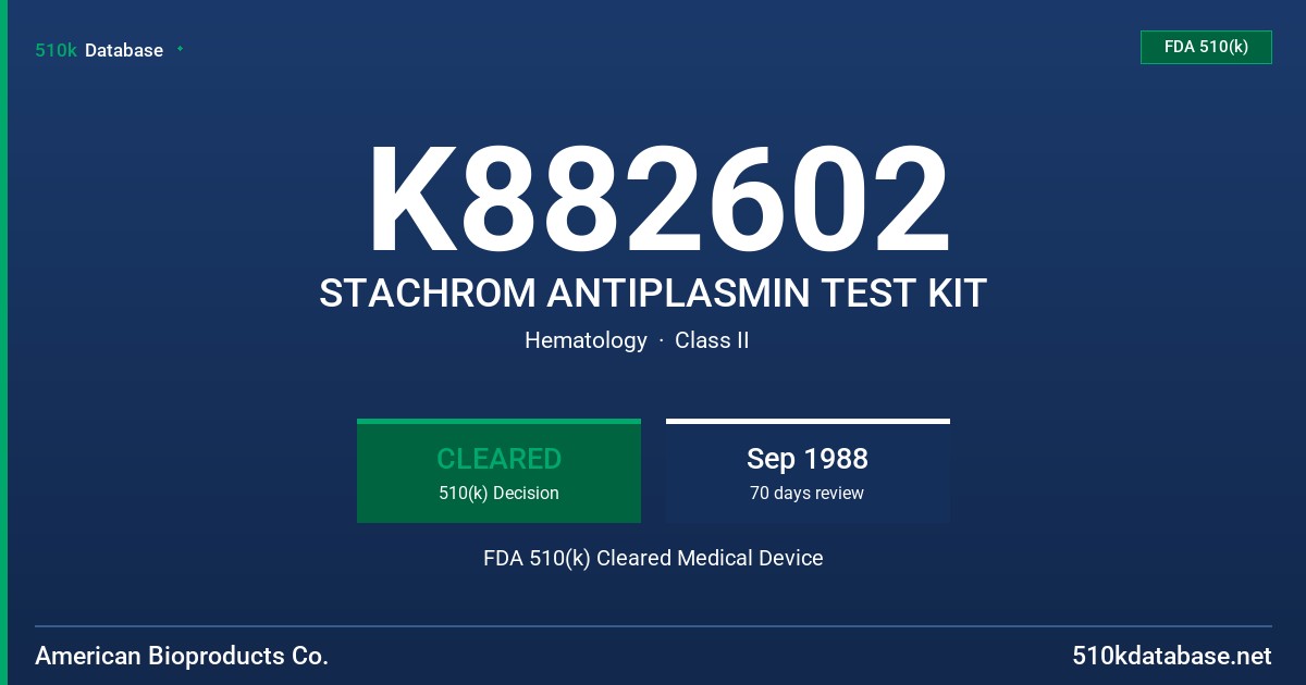 K882602 STACHROM ANTIPLASMIN TEST KIT FDA 510(k) Cleared Medical Device