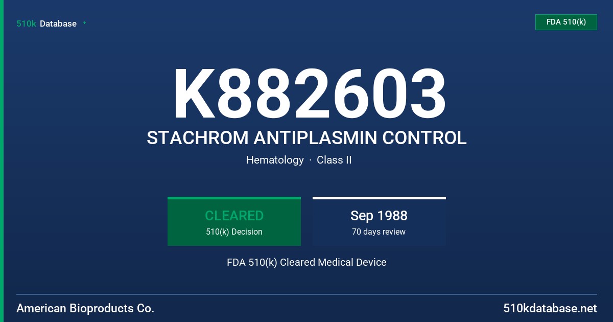 K882603 STACHROM ANTIPLASMIN CONTROL FDA 510(k) Cleared Medical Device