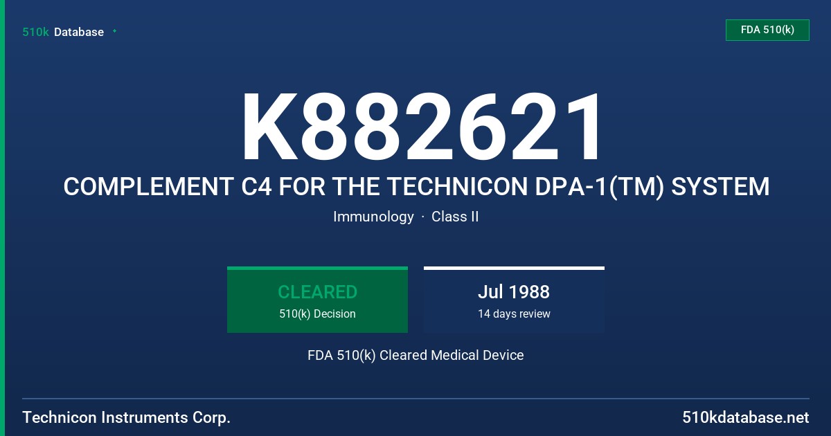 K882621 COMPLEMENT C4 FOR THE TECHNICON DPA-1(TM) SYSTEM FDA 510(k) Cleared Medical Device