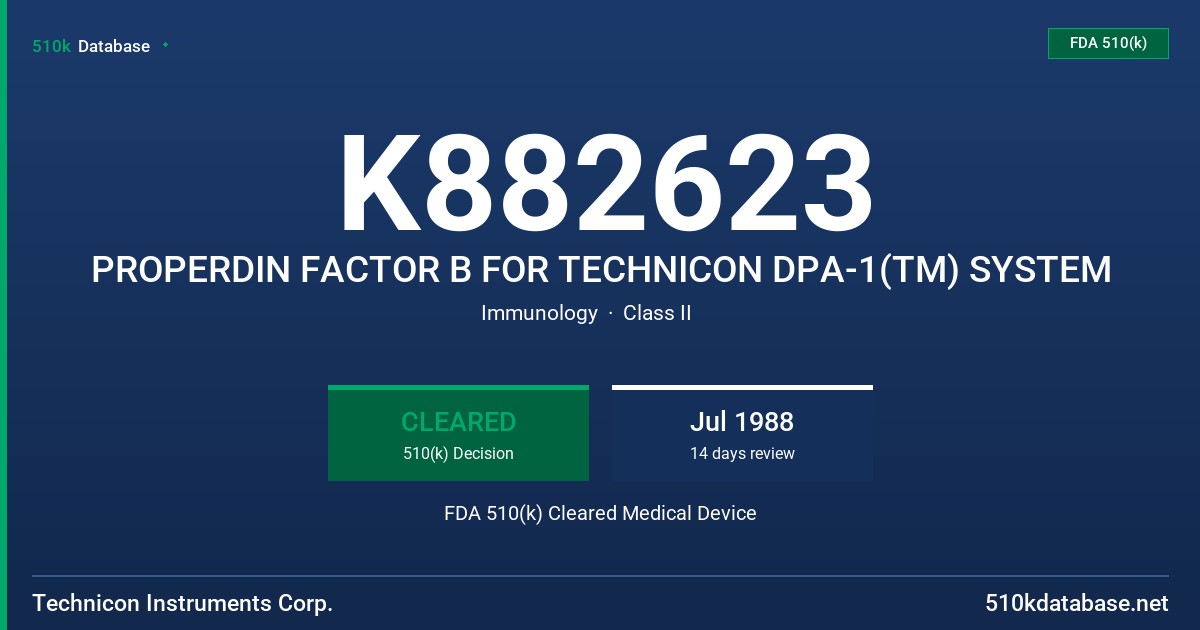 K882623 PROPERDIN FACTOR B FOR TECHNICON DPA-1(TM) SYSTEM FDA 510(k) Cleared Medical Device