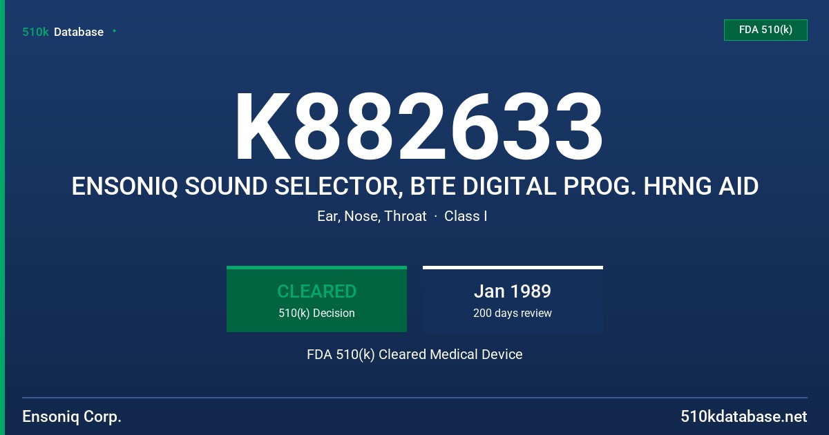 K882633 ENSONIQ SOUND SELECTOR, BTE DIGITAL PROG. HRNG AID FDA 510(k) Cleared Medical Device