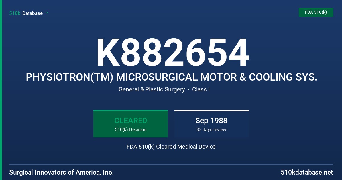 K882654 PHYSIOTRON(TM) MICROSURGICAL MOTOR & COOLING SYS. FDA 510(k) Cleared Medical Device