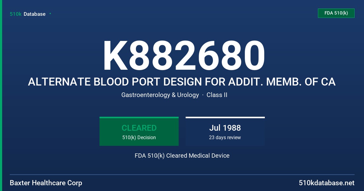 K882680 ALTERNATE BLOOD PORT DESIGN FOR ADDIT. MEMB. OF CA FDA 510(k) Cleared Medical Device