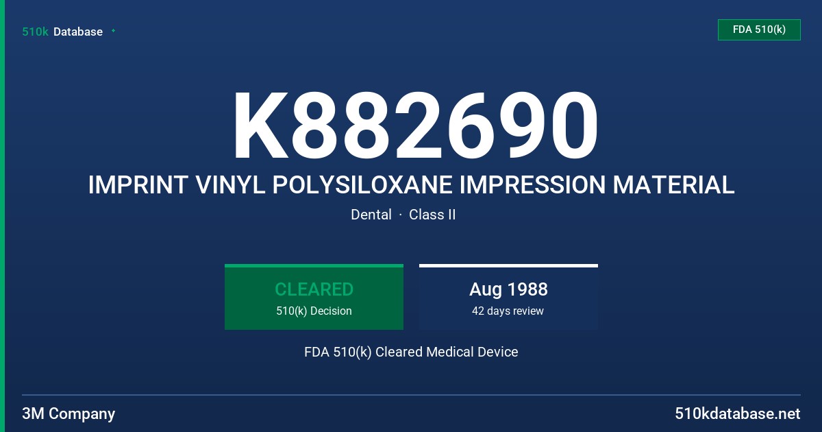 K882690 IMPRINT VINYL POLYSILOXANE IMPRESSION MATERIAL FDA 510(k) Cleared Medical Device