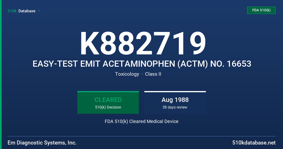 K882719 EASY-TEST EMIT ACETAMINOPHEN (ACTM) NO. 16653 FDA 510(k) Cleared Medical Device
