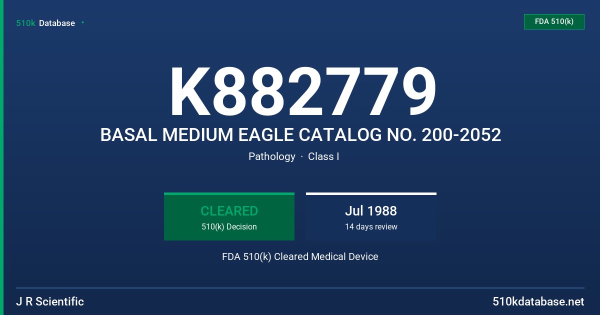 K882779 BASAL MEDIUM EAGLE CATALOG NO. 200-2052 FDA 510(k) Cleared Medical Device