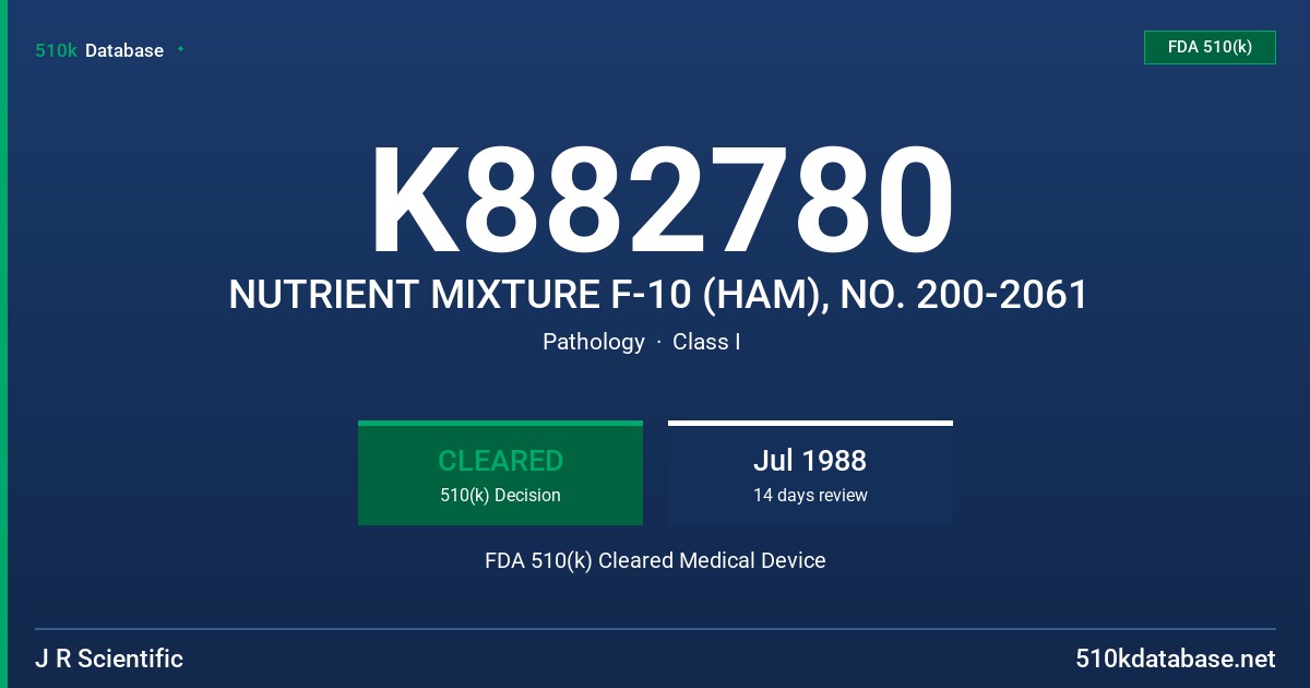 K882780 NUTRIENT MIXTURE F-10 (HAM), NO. 200-2061 FDA 510(k) Cleared Medical Device