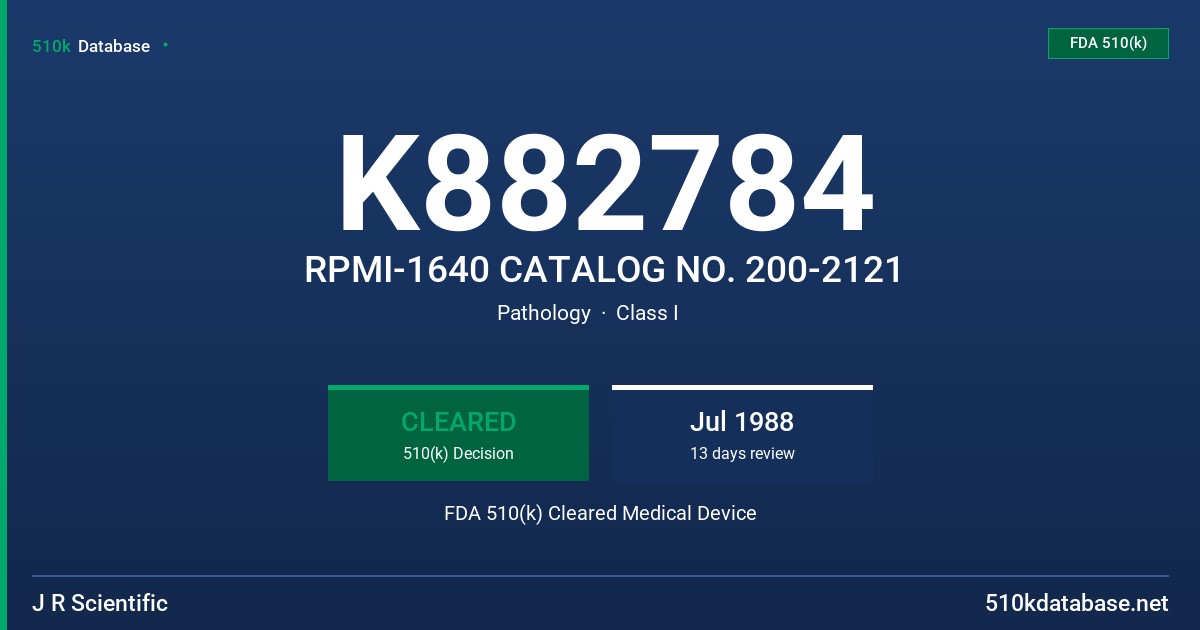 K882784 RPMI-1640 CATALOG NO. 200-2121 FDA 510(k) Cleared Medical Device