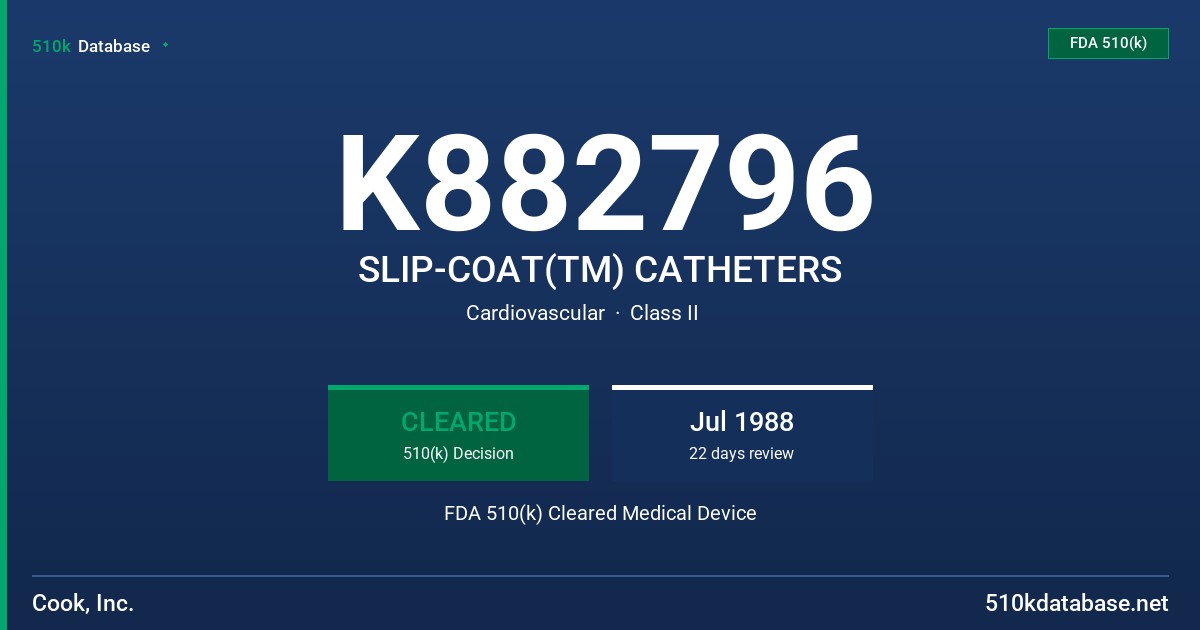 K882796 SLIP-COAT(TM) CATHETERS FDA 510(k) Cleared Medical Device
