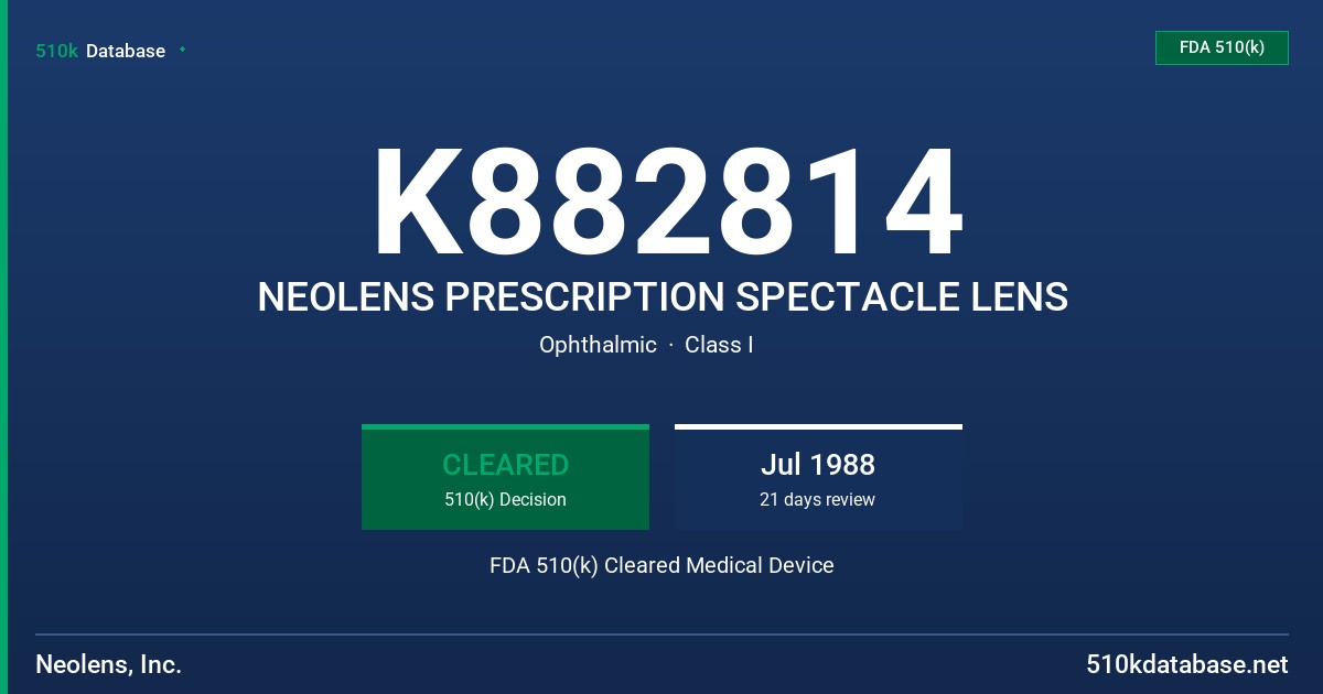 K882814 NEOLENS PRESCRIPTION SPECTACLE LENS FDA 510(k) Cleared Medical Device