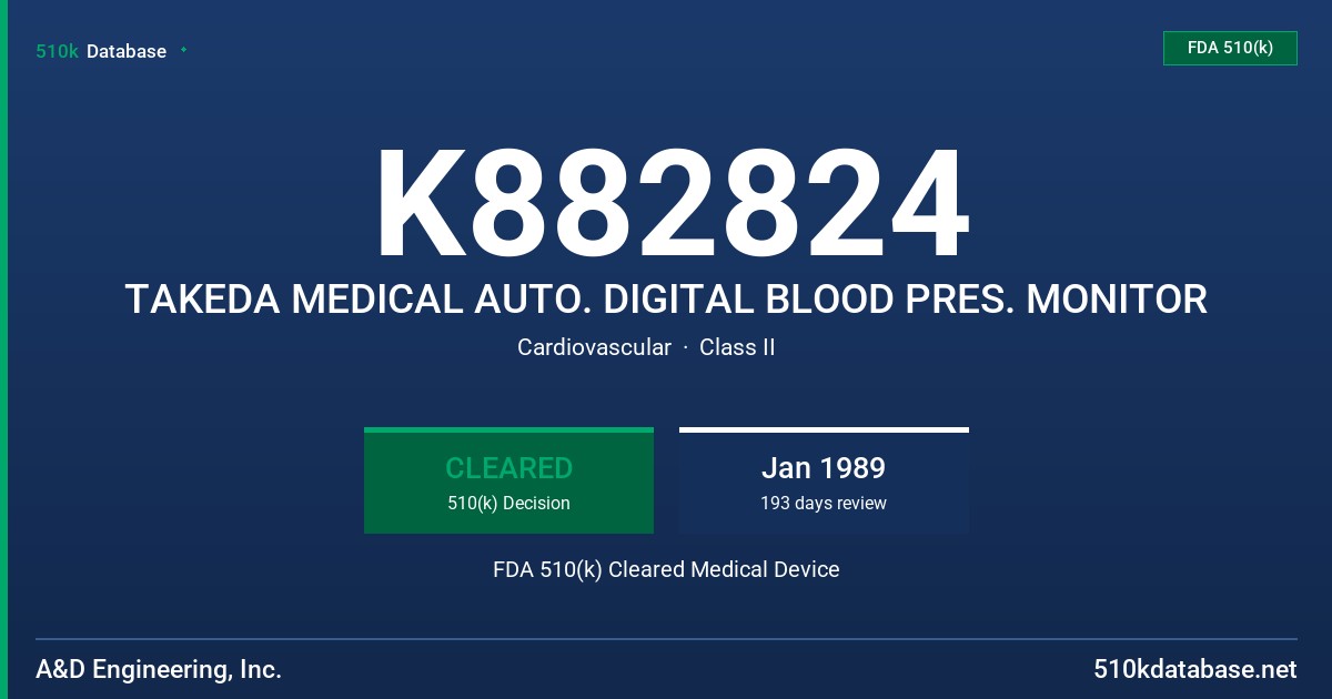 K882824 TAKEDA MEDICAL AUTO. DIGITAL BLOOD PRES. MONITOR FDA 510(k) Cleared Medical Device