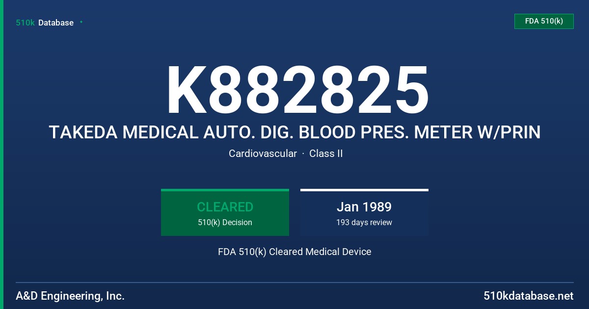 K882825 TAKEDA MEDICAL AUTO. DIG. BLOOD PRES. METER W/PRIN FDA 510(k) Cleared Medical Device