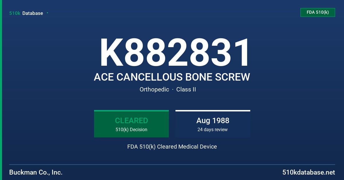 K882831 ACE CANCELLOUS BONE SCREW FDA 510(k) Cleared Medical Device