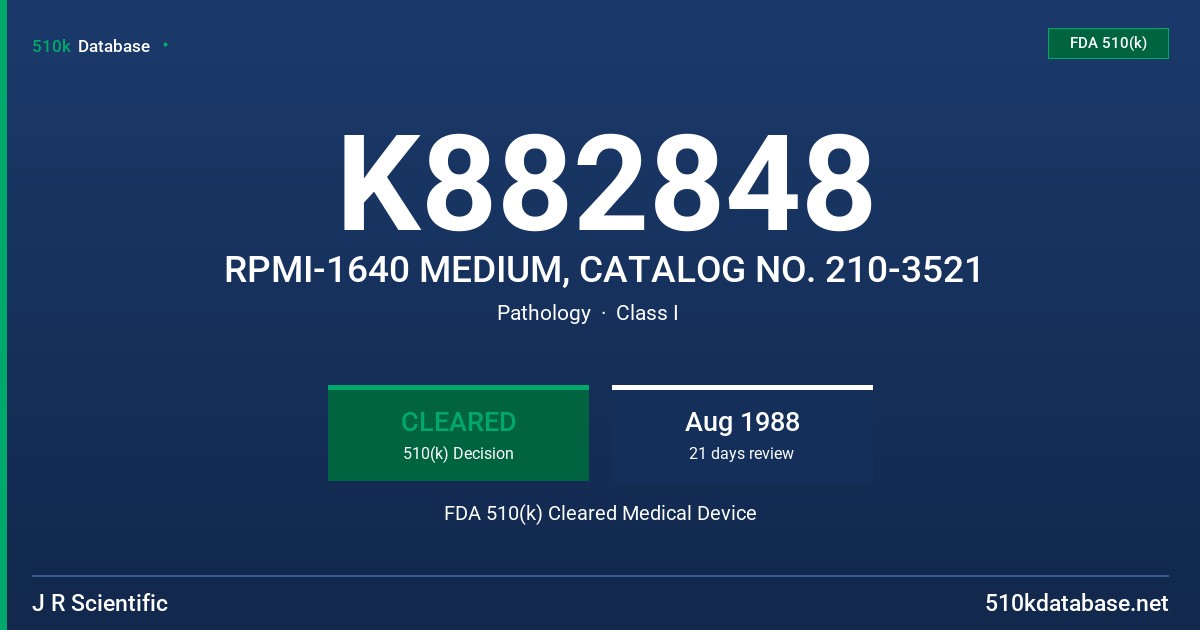 K882848 RPMI-1640 MEDIUM, CATALOG NO. 210-3521 FDA 510(k) Cleared Medical Device