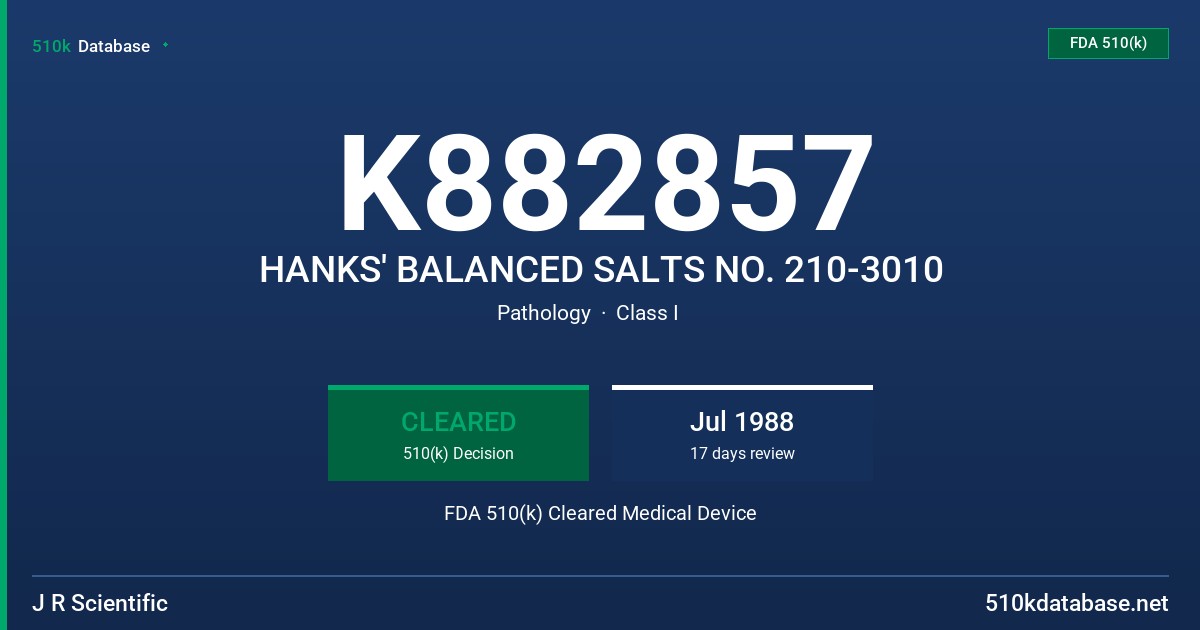 K882857 HANKS' BALANCED SALTS NO. 210-3010 FDA 510(k) Cleared Medical Device
