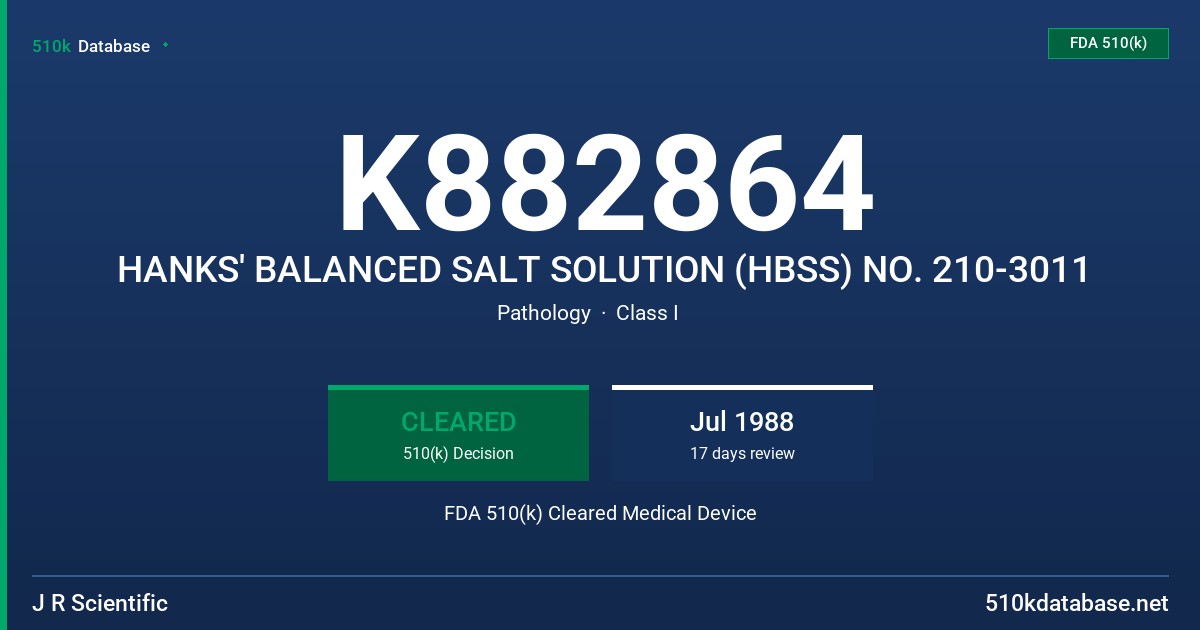 K882864 HANKS' BALANCED SALT SOLUTION (HBSS) NO. 210-3011 FDA 510(k) Cleared Medical Device